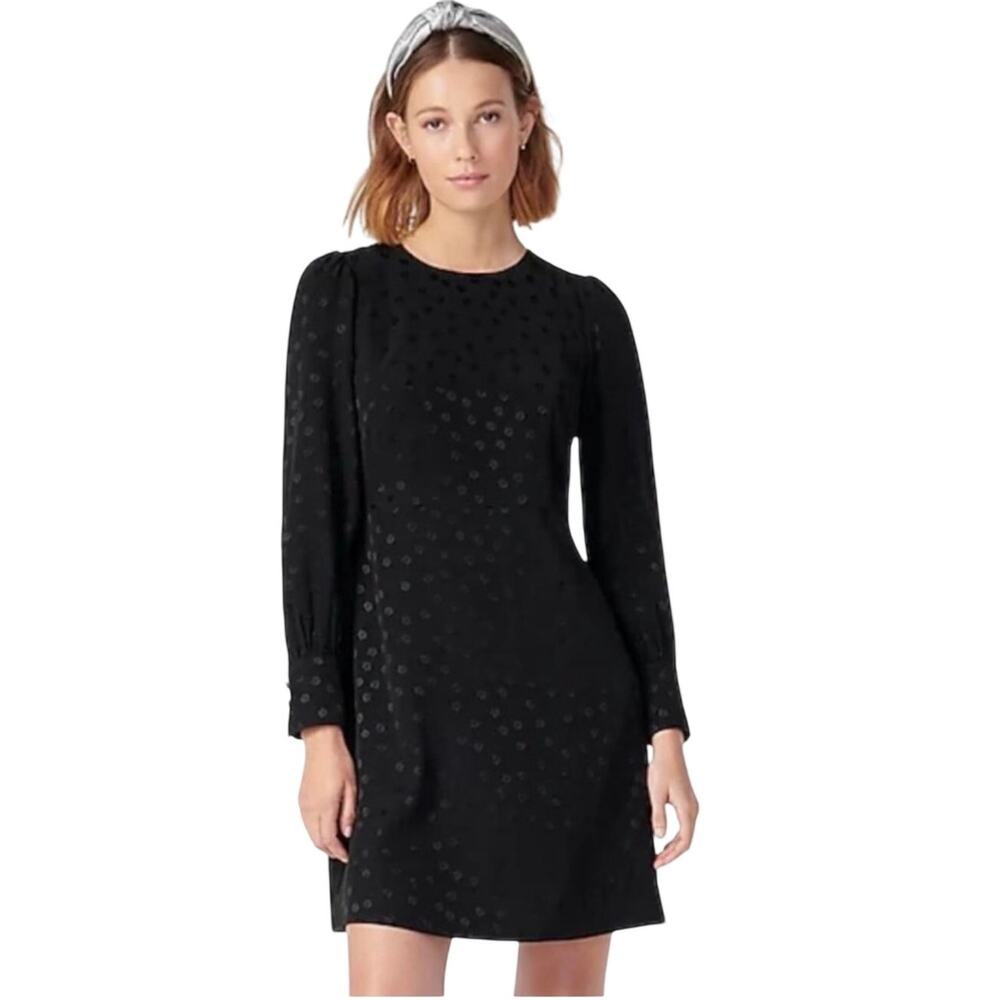 J. Crew Black Jacquard Swiss Dot Dress, Long Sleeve Midi Shift, Size 14